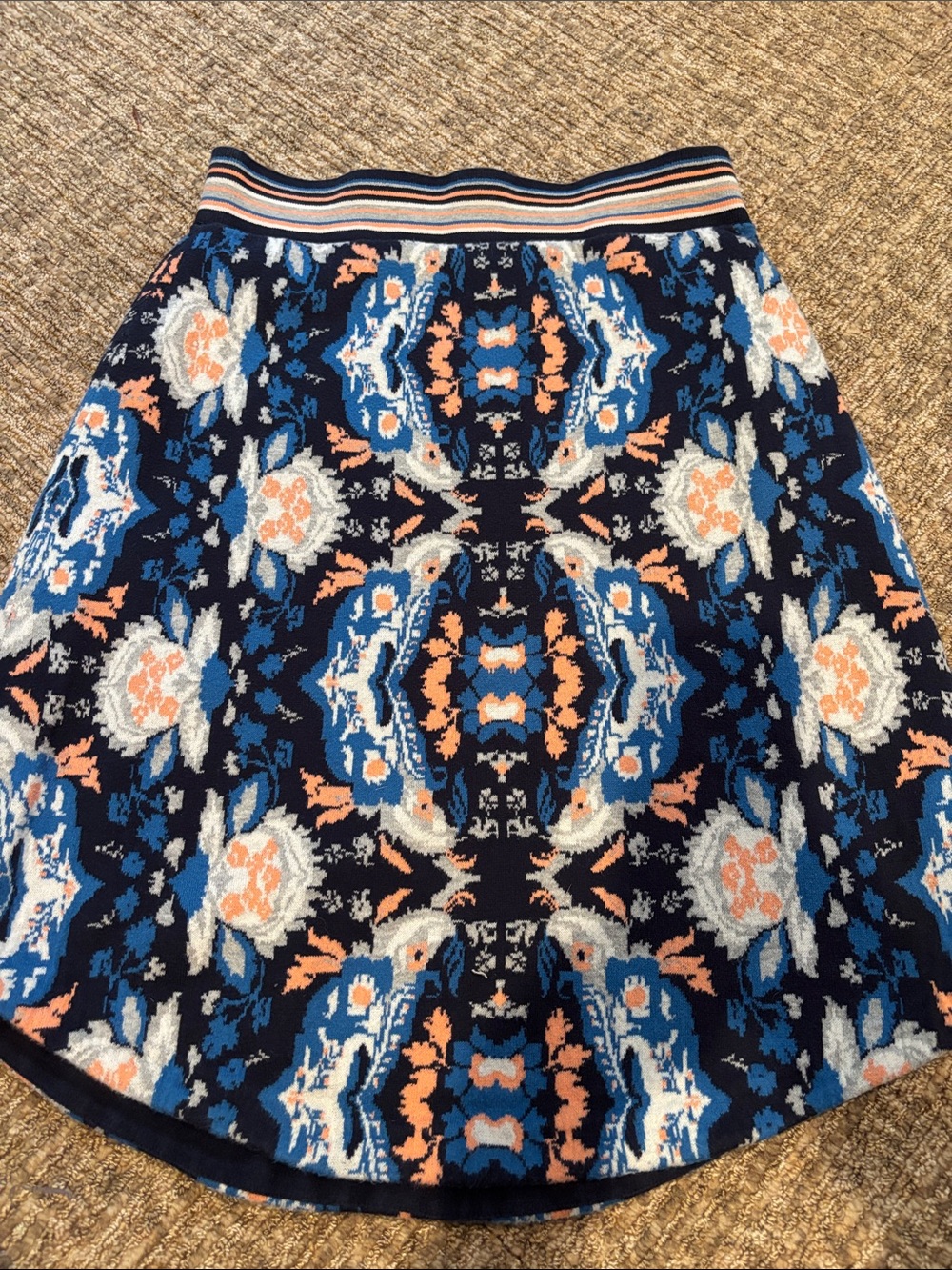 Anthropologie Moth Navy Floral Jacquard A-Line Skirt with Striped Waistband